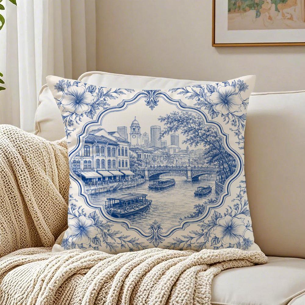 Singapore Vintage Cityscape Cushion Cover Breathable Short Plush Cushion Covers Machine Washable Wrinkle-Resistant Soft Durable