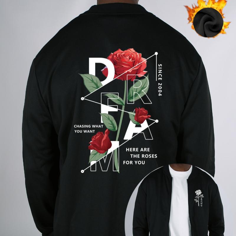 

Бомбер с флисовой подкладкой и принтом роз, Ветрозащитный Прочный Теплый, Повседневное Универсальное Пальто XXL чёрный