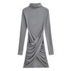 European-Style High Neck Long Sleeve Fleece Dress - Pleated Hot Girl Hip Wrap Skirt