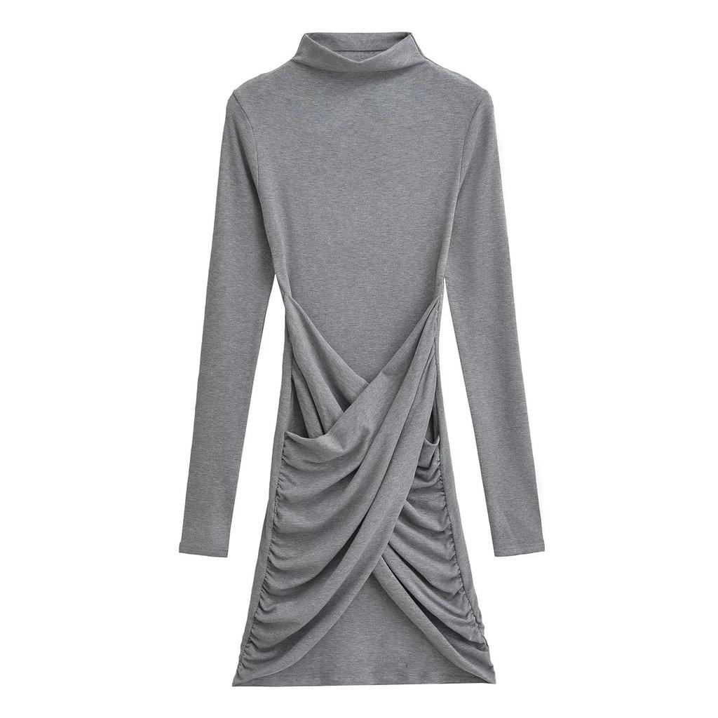 European-Style High Neck Long Sleeve Fleece Dress - Pleated Hot Girl Hip Wrap Skirt