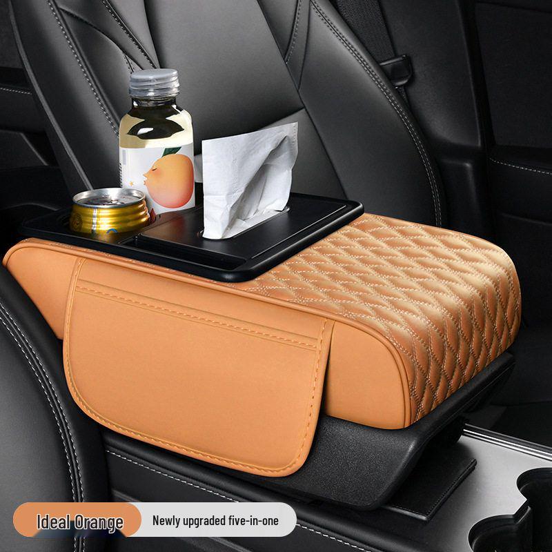 5-in-1 Leather Car Armrest Cushion with Storage & Tissue Holder