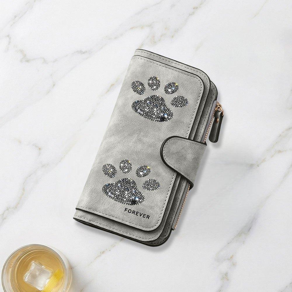 Fashionable long wallet with animal paw print and glitter decoration design, eye-catching and multifunctional portable coin purse with clasp, large
