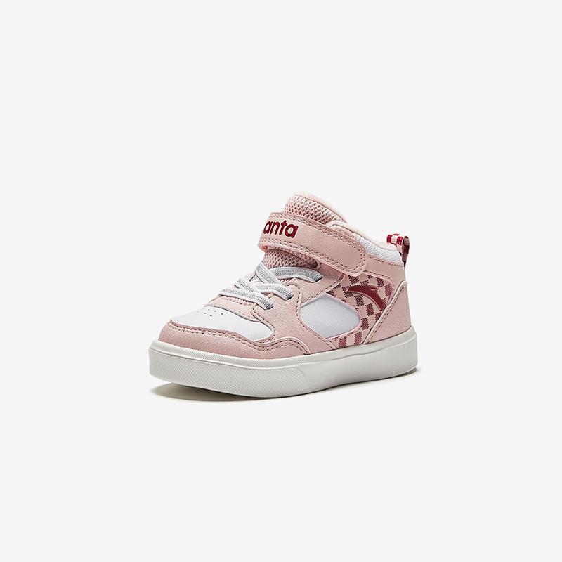 Anta Kids Synthetic Leather Plush Comfortable Warm Wear-Resistant Mid-Top Walking Shoes Baby Shoes Pink White A22440055-5