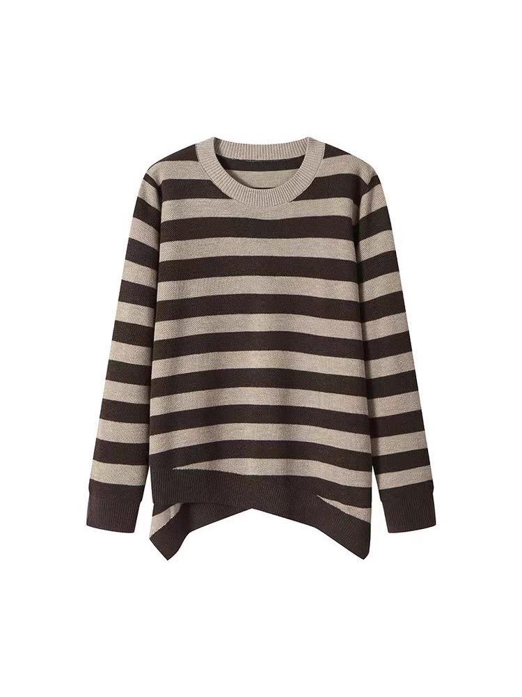 Dámský volný vlněný svetr s pruhy na podzim/zimu 2025 - Kulatý výstřih, rovná ramena, pohodlné pleteniny