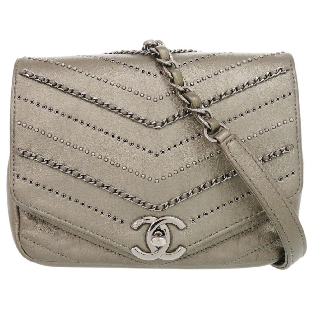 Used AUTHENTIC CHANEL Chain Shoulder Bag Chevron CC Mark gray Leather
