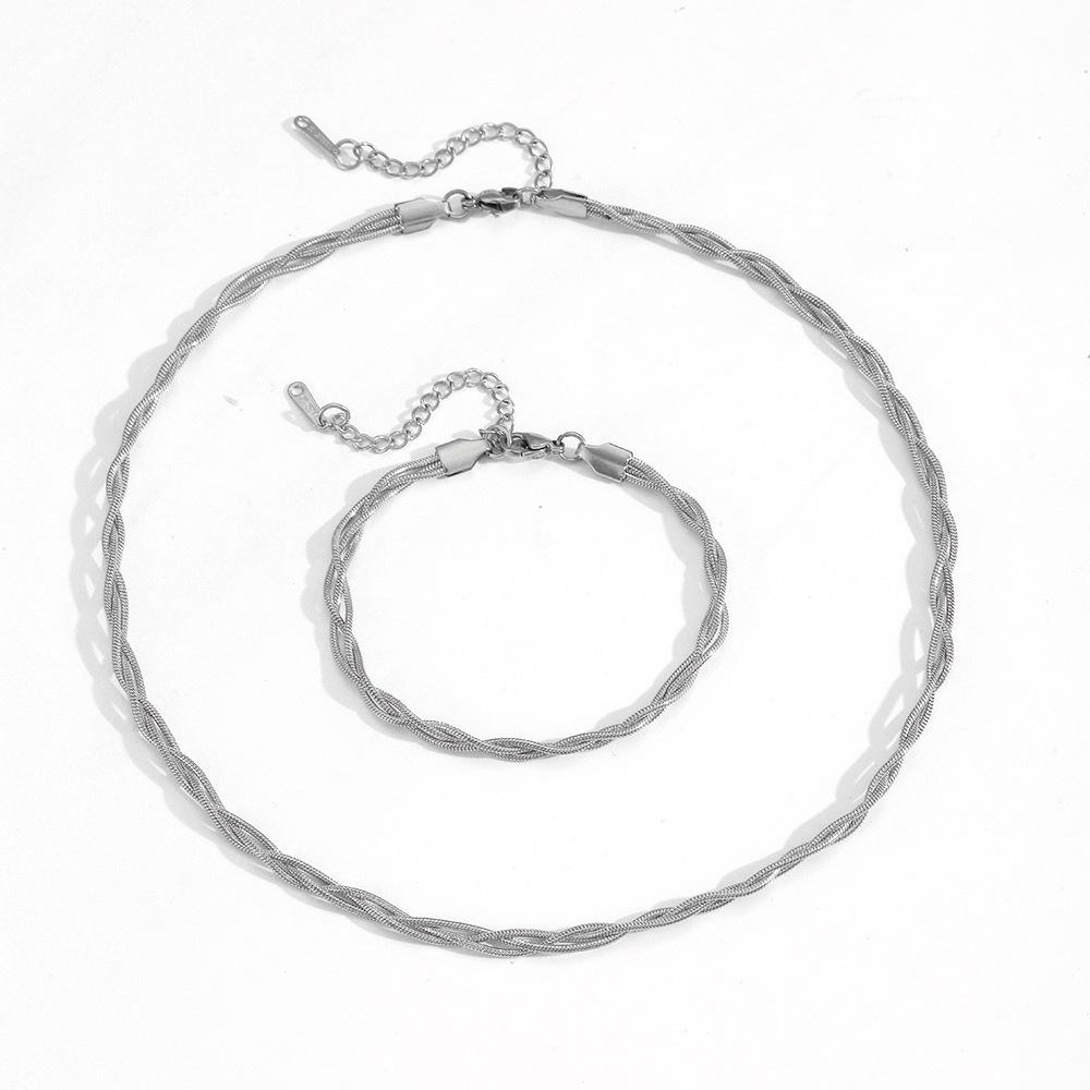 Round Snake Three-Strand Braided Color-Block Stainless Steel Jewelry Set for Women - Non-Fading, Light Luxury, European & American Style