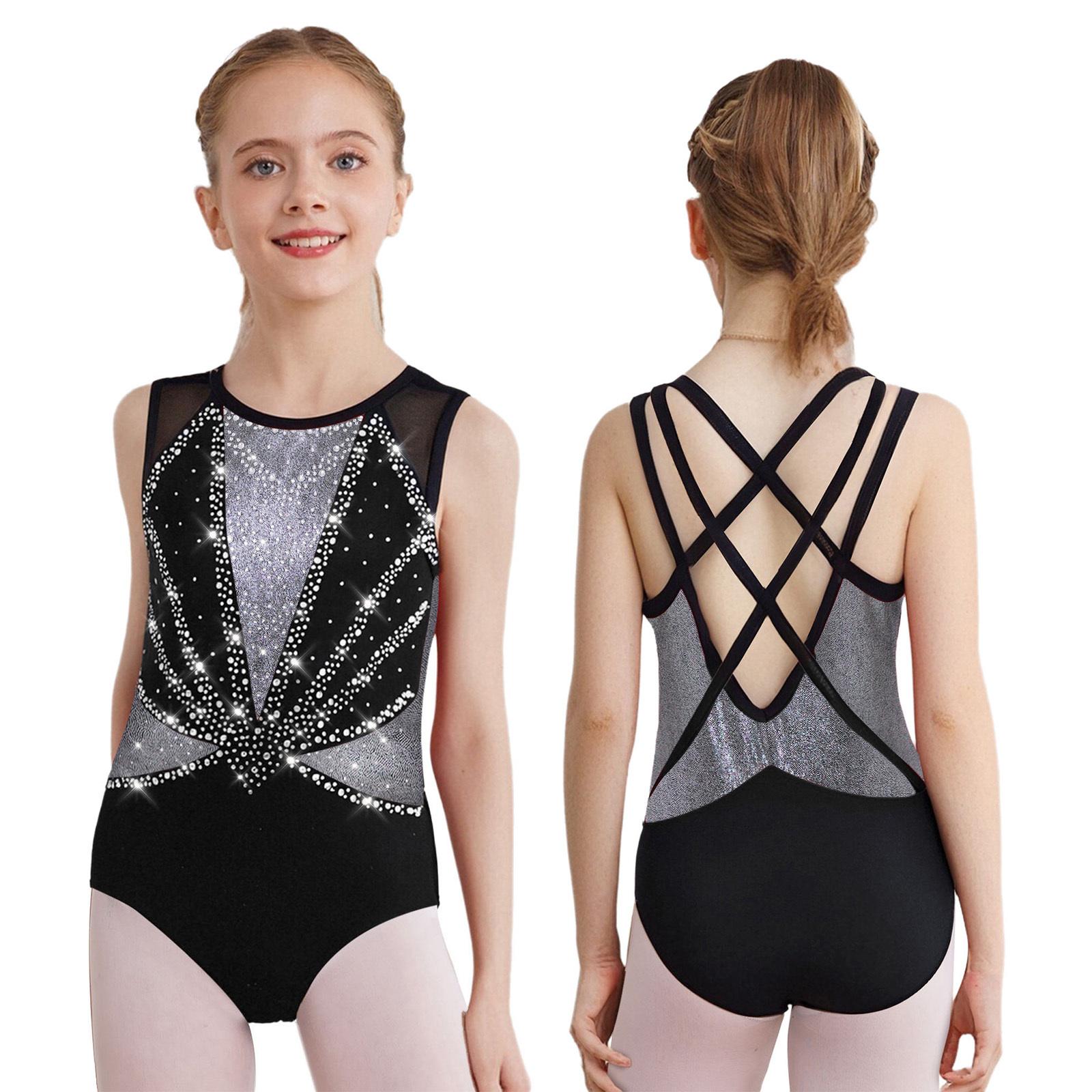

Костюм для фигурного катания для девочек, боди для балета, танцев, акробатики, гимнастики, йоги, без рукавов, с блестящими стразами, сетчатый леотард 9-10 Years чёрный/серебряный