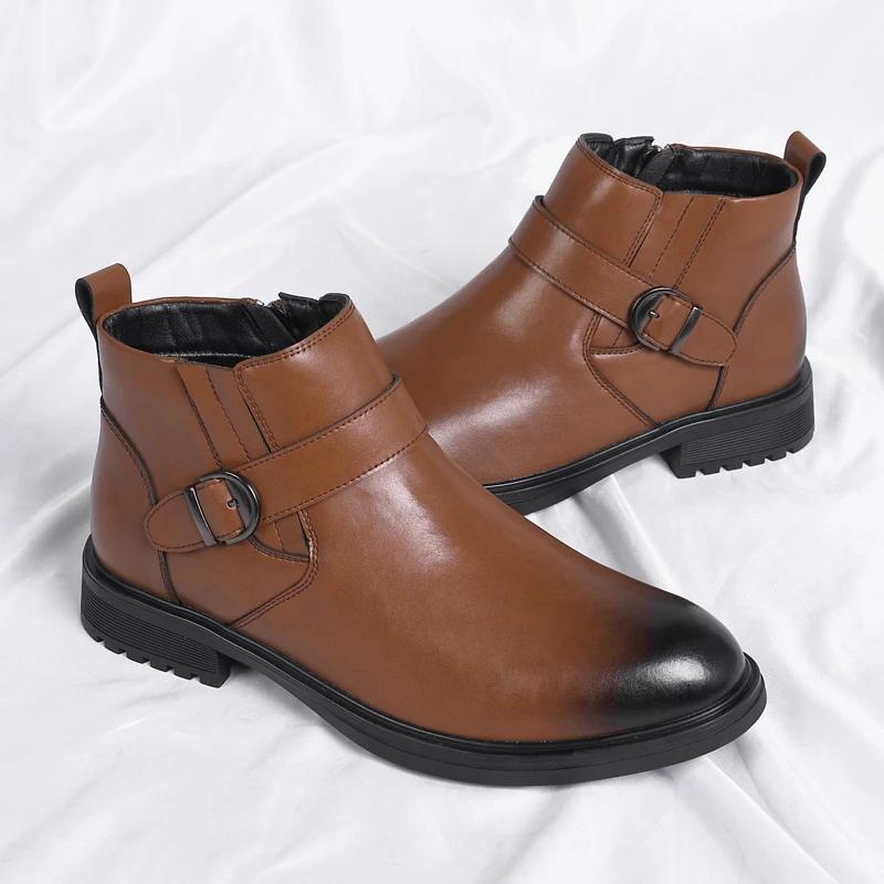 2024 Men's Shoes High Top British Motorcycle Leather Boots Men Thick Sole Trend Chelsea Boots Mens Casual Shoes platform boots