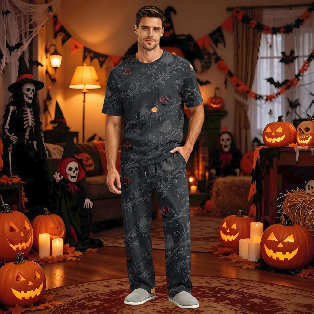 Men's Home Pajama Set, Short Sleeve Top and Long Pants with Button Fly and Drawstring Waist