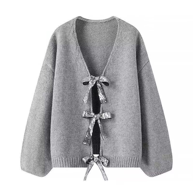 Kaslead New Arrival Women's Clothing Fashion Style Stylish Simple and Versatile Sequin Bowknot Decoration Loose Knitting Sweater