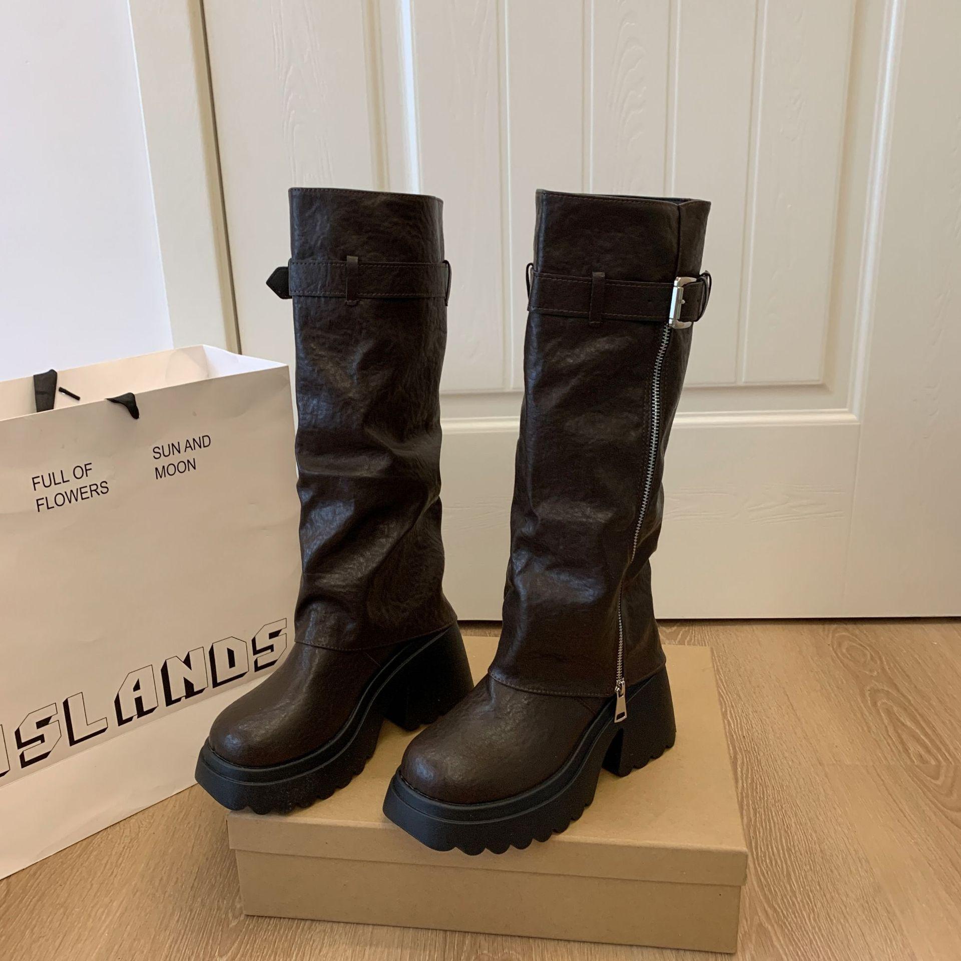 

~ Spice Girls~ 2025 Autumn and Winter Europe and America Zipper Belt Buckle Thick-soled Women s Boots High Pants Boots Skinny Knight Boots 40 коричневый