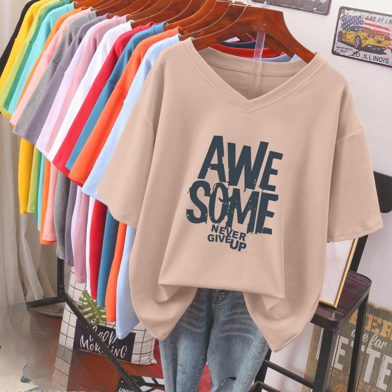 

Футболка с коротким рукавом, Свободного кроя, Приталенный топ с V-образным вырезом с принтом для женщин 5XL абрикосовый