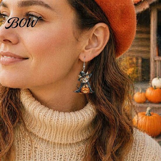 Curved Ear Hooks 1 Pair Halloween Witch Cat Earrings for Women, Acrylic Cute Hang Tag Kitten Dangle Drop with Pumpkin, Party Costume Accessories