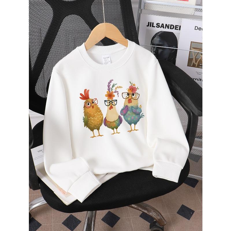 Girls' Long-Sleeve Round Neck Sweatshirt with Printed Design Funny Chicken Print Suitable for Spring And Autumn, Fashionable And Casual