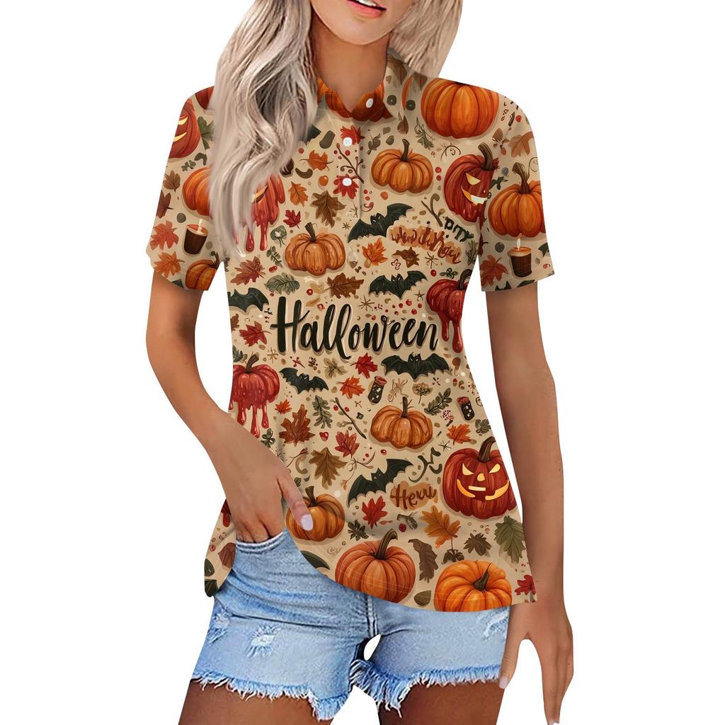 Damenmode Lässig Revers Kurzarm Halloween-Print Hemd Damen Button-Up Oberteile