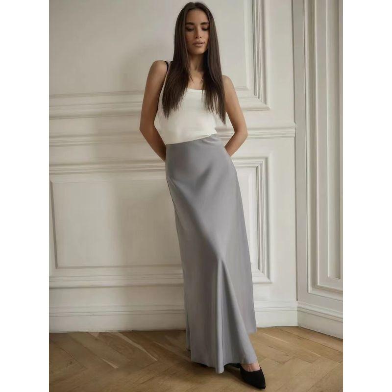 

Новая атласная юбка-футляр с завышенной талией и подолом «рыбий хвост» в западном стиле Light gray L