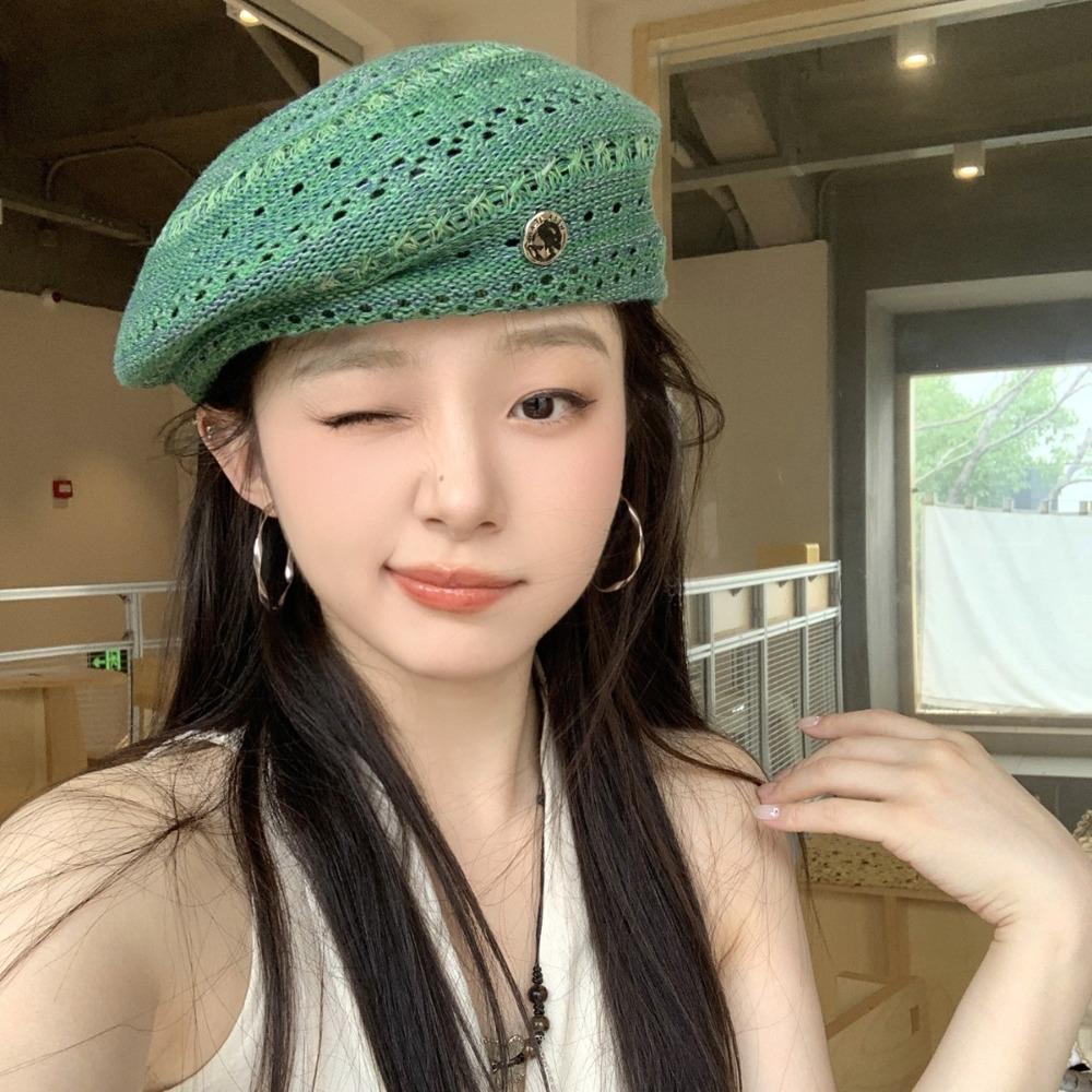 Japanese Style Hollowed Out Beret Hat Fresh Color Vintage Weave Painter Hat Thin Crochet Knitted Elegant Beach Cap Women Girls