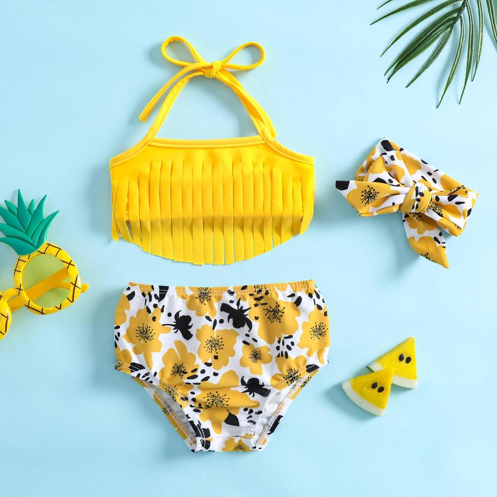 Butterfly Floral Tassel 3-Piece Swimsuit for Baby and Toddler Girls