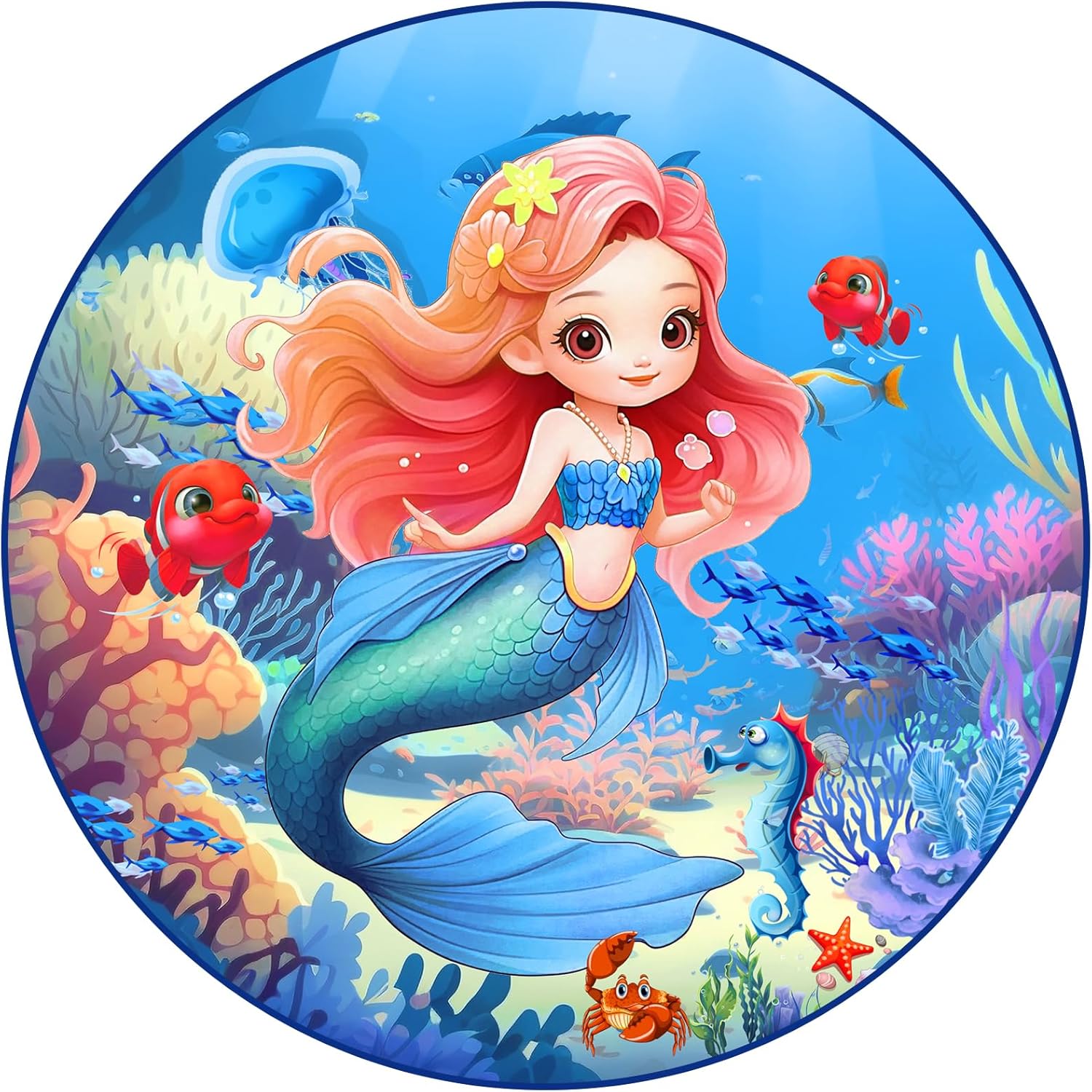 Mermaid Underwater Scene Round Rug Vibrant Coral Reef and Friendly Sea Creatures for Kids Room 60cm