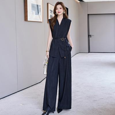 Moda w stylu królewskiej siostry, prążkowany garnitur damski, letni nowy styl do pracy, bezrękawnik podkreślający talię, spodnie z szerokimi nogawkami, zestaw dwuczęściowy