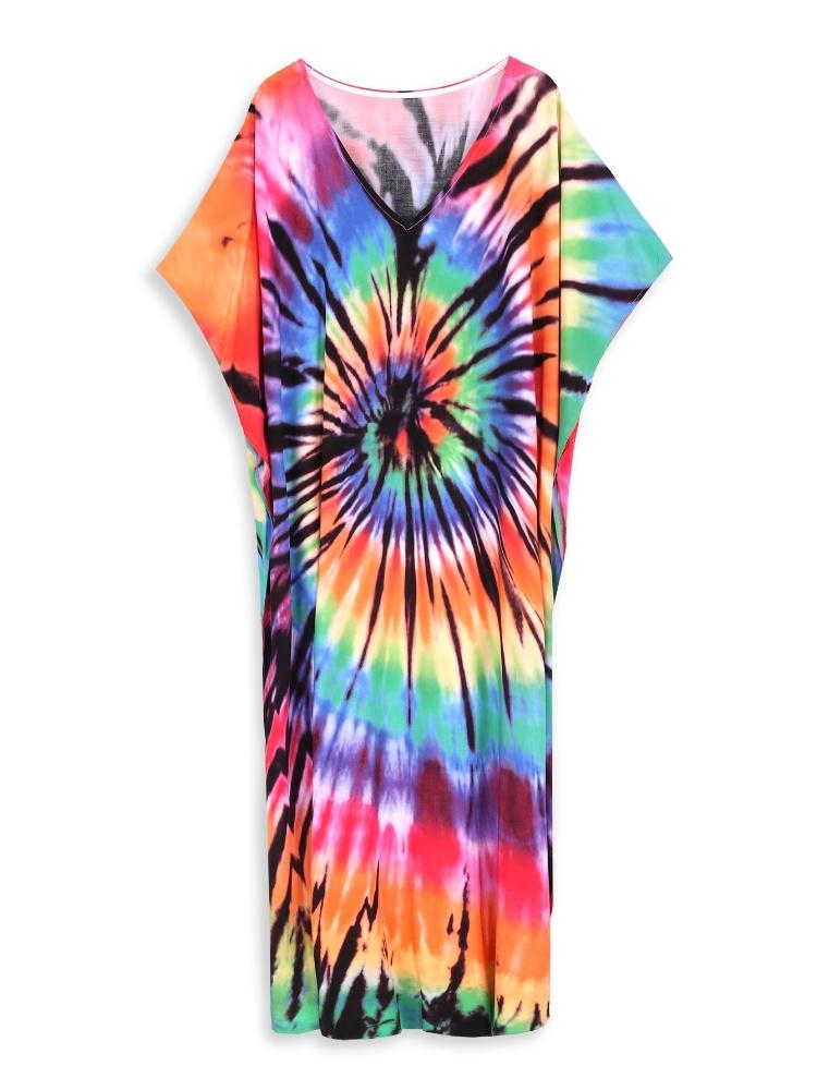 EDOLYNSA Ženy větší velikosti Kaftan caftan Bohemian Potisk Dlouhé šaty s výstřihem do V Maxi Šaty prázdninové plavky zakrývat domácí župan Q1218