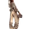 Women Khaki Lounge Set with Leopard Print Trim