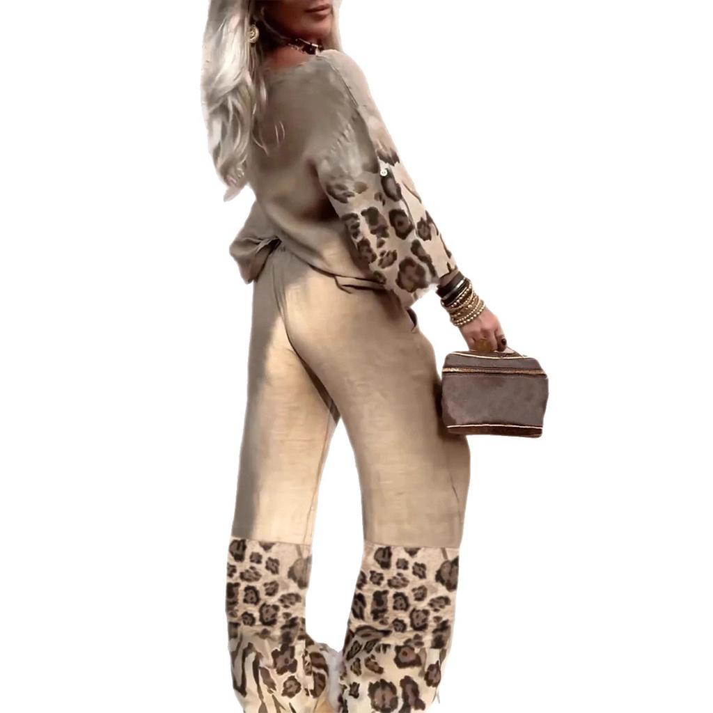Жіночий хакі комплект для відпочинку з леопардовим оздобленням