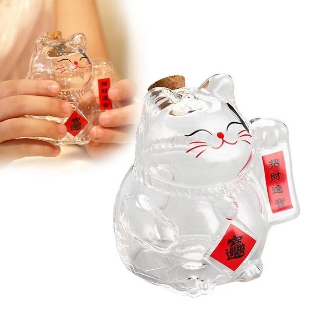 Cute Lucky Cat Piggy Bank Clear Glass Gold Bean Container Cat Shape Saving Jar  Office Decor