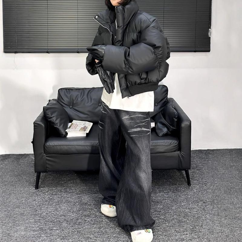 Winter Retro PU Leather Loose Short Cotton Coat Women's Stand-up Collar Thick Coat Cotton Coat