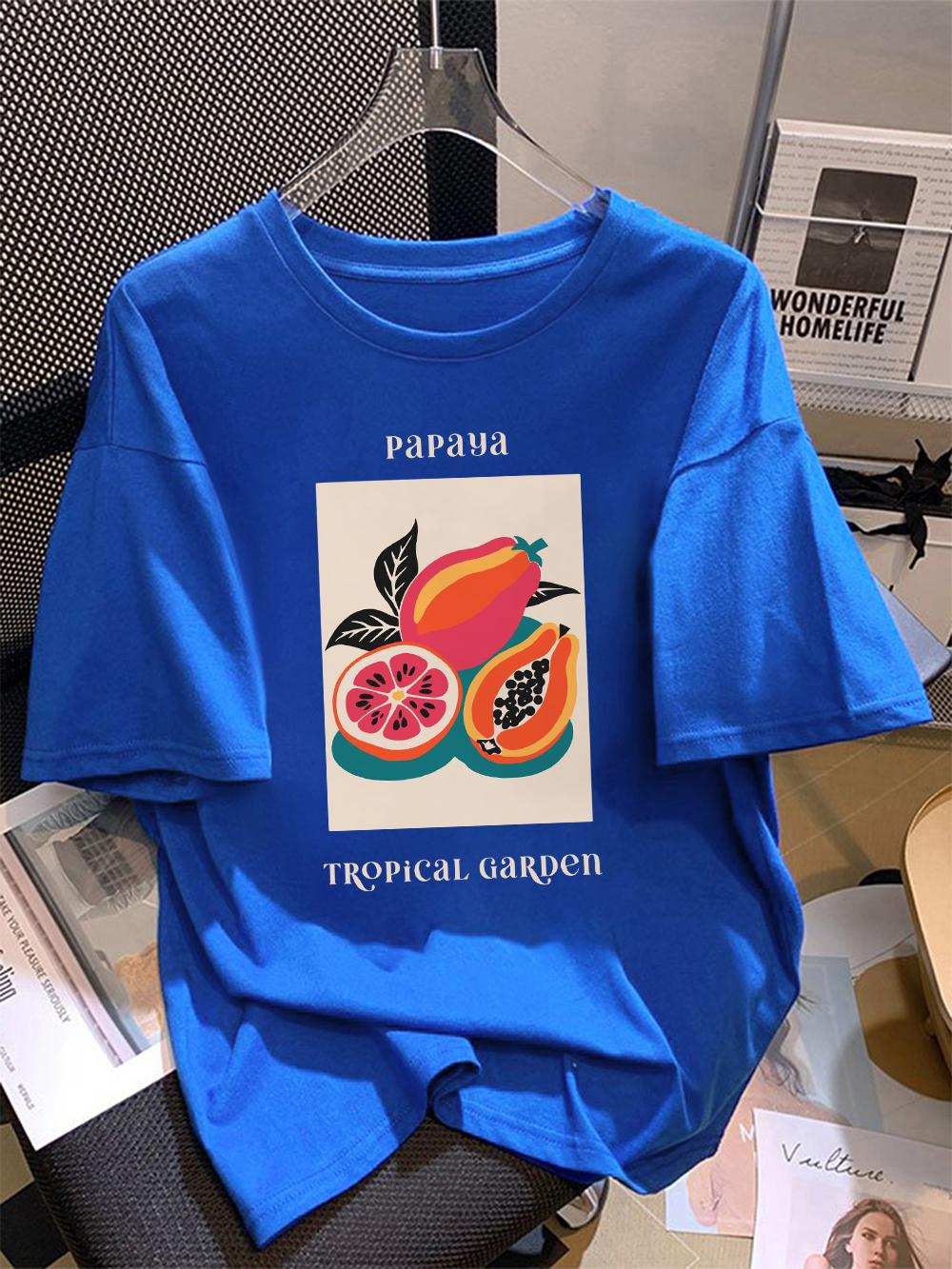 

Summer Cotton TShirts Women Papaya Fruits Tropical Garden Prints Short Sleeve Tees Loose ONeck Soft Tops Basic Woman Clothes S
