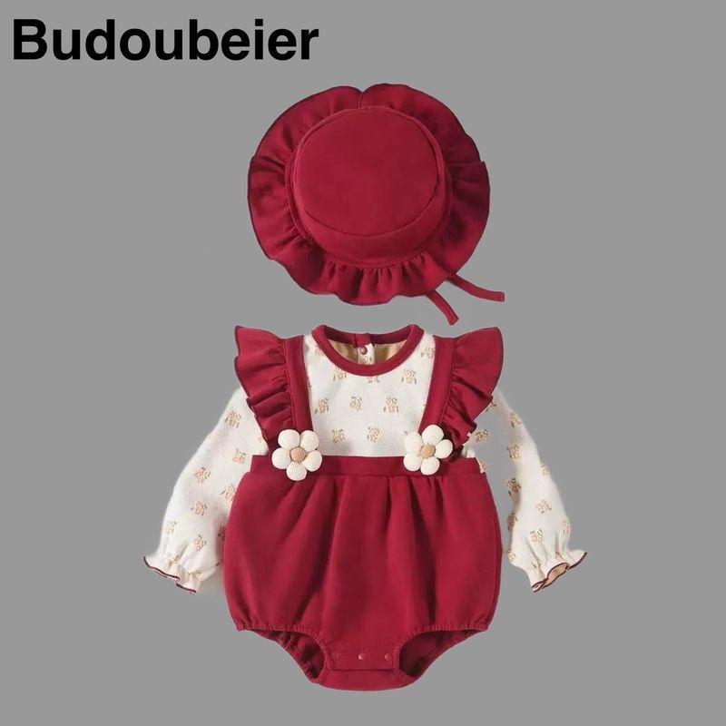 

British Baby Spring and Autumn Clothing for Girls, Stylish and Cute Princess Romper, Perfect for Outings and 100-Day Celebrations Red (Comes with a Hat) 59 cm