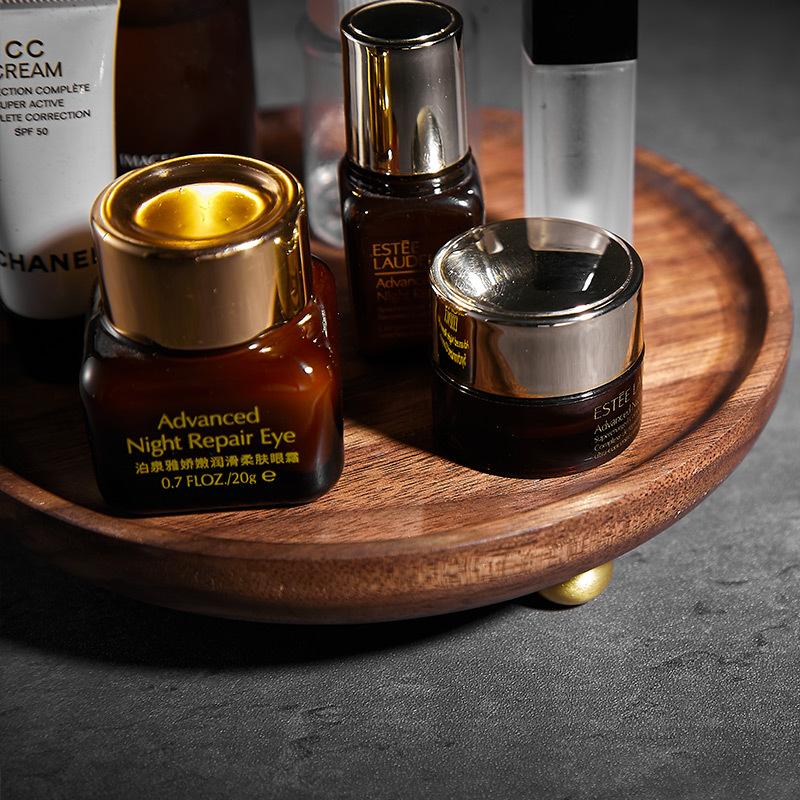 Light Luxury Creative Walnut Solid Wood Round Tray Cup Holder Storage Plate Rotating Pedestal Bathroom Cosmetics Storage Rack