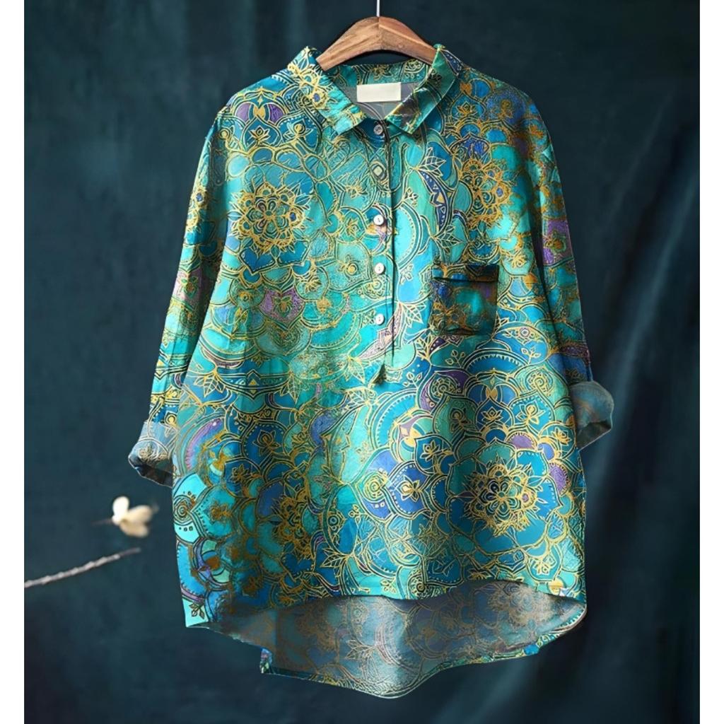 Women's Turn Down Collar Long Sleeve Floral Print Shirt Loose Fit Elegant Casual Blouse