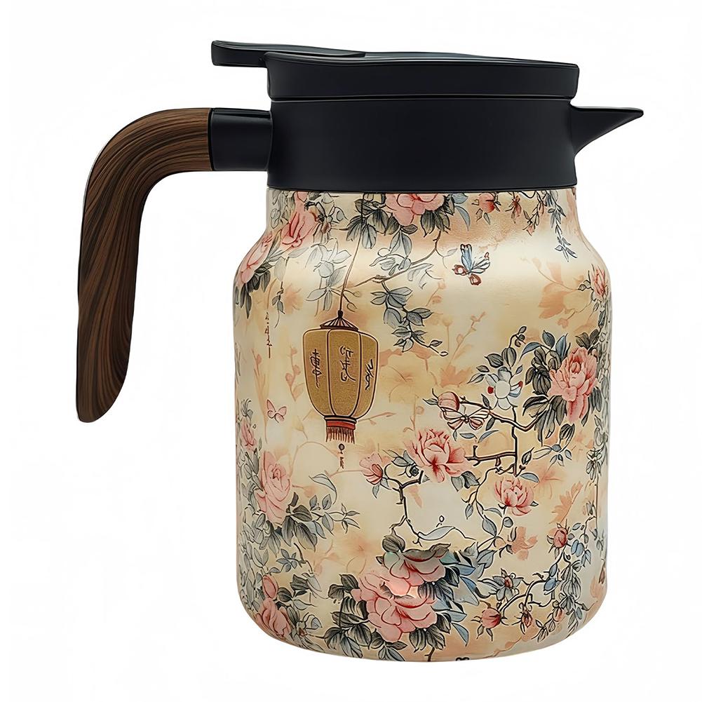 Kitchen Tea Kettle 800ml Retro Floral Tea Kettle Stainless Steel with Infuser Tea Separation Thermal Insulation Pot Wood Handle