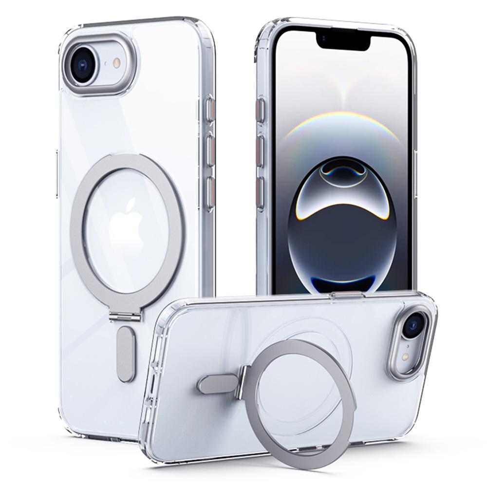 

For iPhone 16e Case TPU+Acrylic Hidden Magnetic Kickstand Phone Cover Transparent Silver