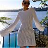 Women's Long Sleeve Backless 2026 Spring Summer Knit Dress Beach Bikini Cover-Up Tunic Hollow Out Crochet Swimsuit Female Swimwear