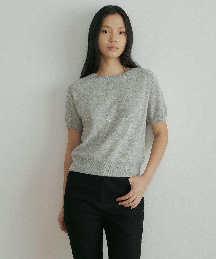 Lingseoul Wool Round Neck Half Sleeve Knit Top-Melange