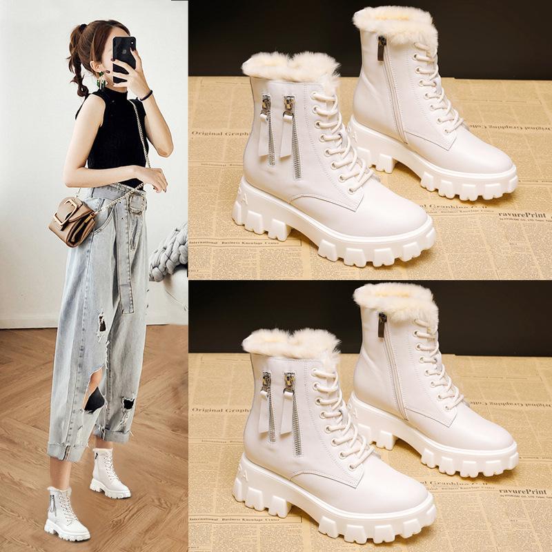 Dámské zimní robustní platformové sněhule se zipem Teplé šněrovací kotníkové boty s kožešinovou podšívkou Pohodlné protiskluzové vycházkové bojové boty Obuv pro ženy