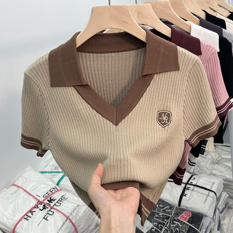 Chic Hong Kong Style Sweet & Spicy V-Neck Polo Knit Top - Women's Summer Short-Sleeve T-Shirt