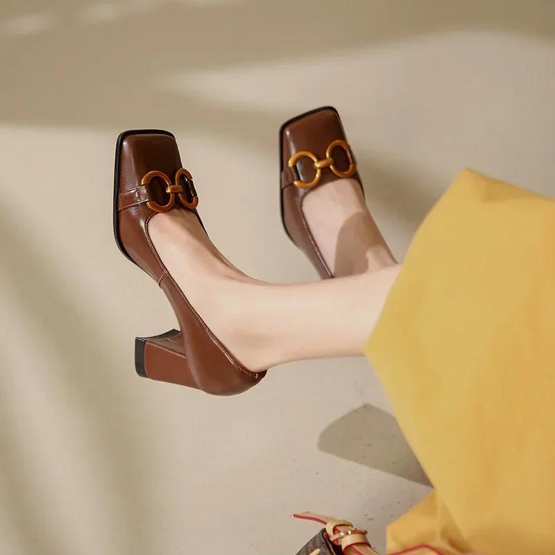 Women Retro Leather Platform Pumps Women Elegant Square Heels Mary Jane Shoes Female Design Metal Buckle High Heeled Shoes