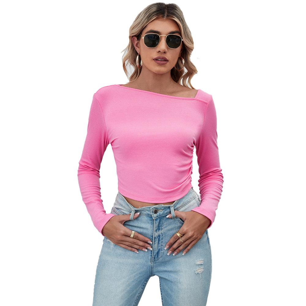 Spring Autumn Fashion Long Sleeve T-shirt Women Semi-open Collar Slim Short Temperament T-shirt Solid Color Sexy Top