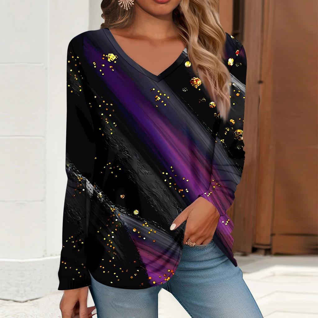 Women's T Shirt Tee Print Long Sleeve Daily Weekend Daily Basic V Neck Regular  Fall Winter Tops