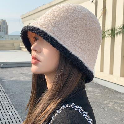 Fisherman's Hat Autumn Winter Lamb Plush Color Blocked Bucket Basin Hat Outdoor Warm Fashionable Women's Knitted Hat Hats & Caps (women’s)