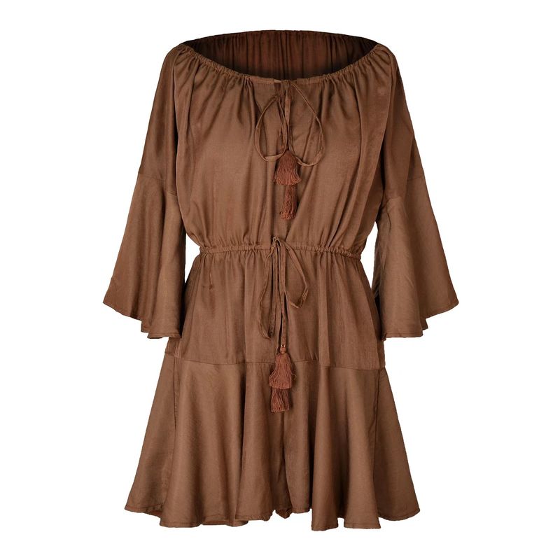 

Fashion off-Neck Loose High Waist Drawstring Tie-Neck Flared Sleeves Jumpsuit Lace up Loose Jumpsuit Brown M