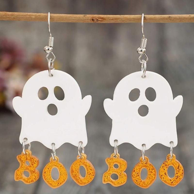 Personalized style acrylic exaggerated high-end sense pumpkin ghost BOO letter splicing sequined earrings Halloween earrings
