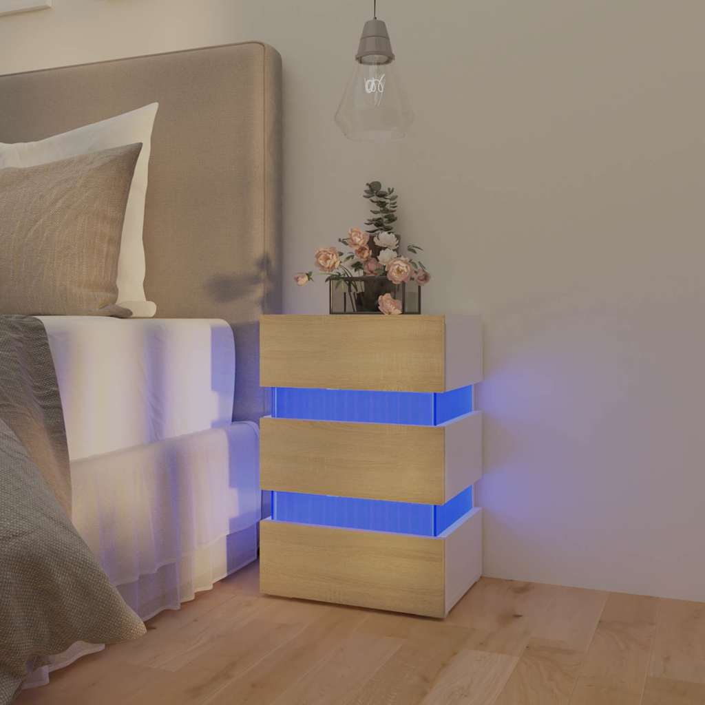 LED Nightstand in White and Sonoma Oak 45 x 35 x 67 cm Particleboard