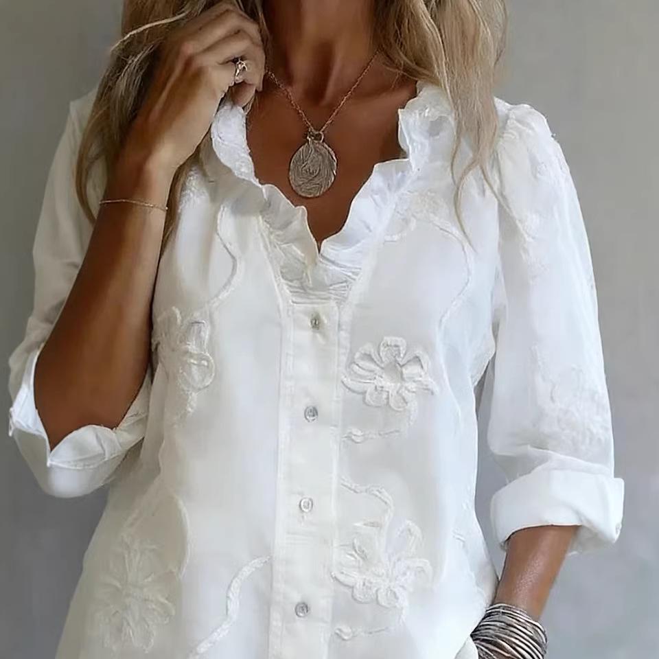 2026 Spring/Summer Lace Embroidered Cotton Linen Sweet Shirt
