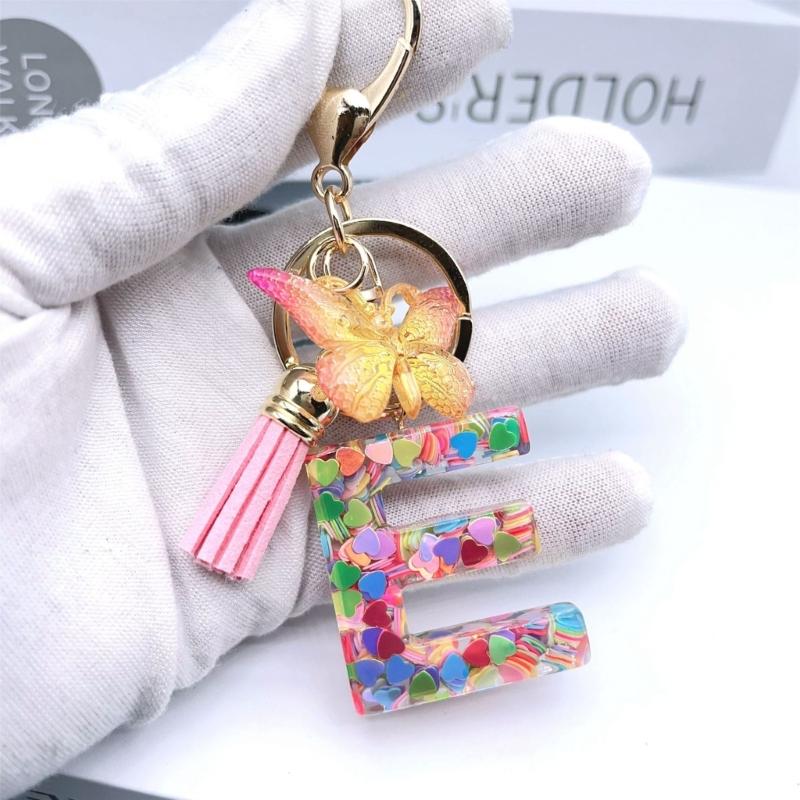 Słodkie Kolorowe Cekiny w Kształcie Serca Inicjał Litery Brelok Chwosty Zawieszka Motyl Pęku Kluczy dla Kobiet Dziewczyn Torebka Portmonetka