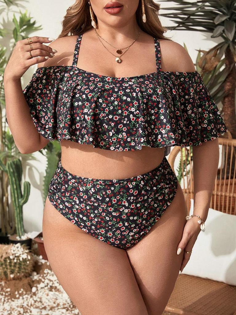 Plus Size Floral Two-Piece Bikini with Ruffles