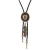 Black PU Leather Western Rodeo Bolo Tie Bola Necklace Antique Brass